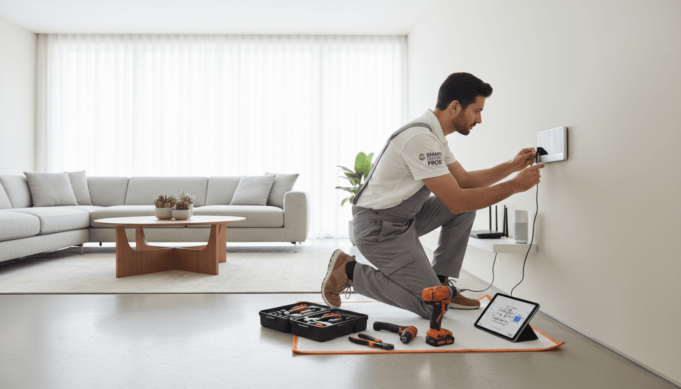 Professional technician installing smart home lighting system in modern home