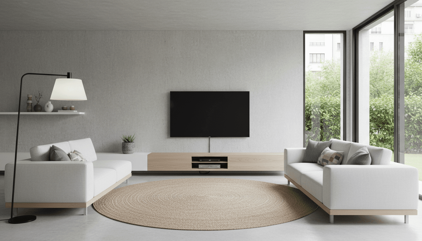 Professionally mounted TV with hidden wiring in modern living room