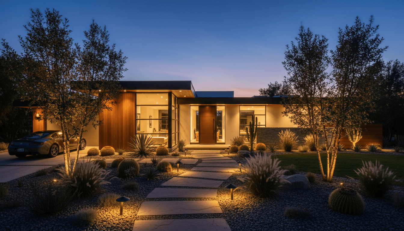 Professional outdoor landscape lighting on modern home exterior