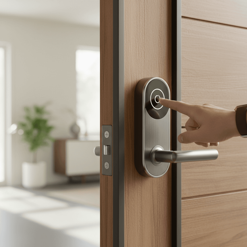 Homeowner's hand unlocking a modern smart lock on wooden front door with natural light