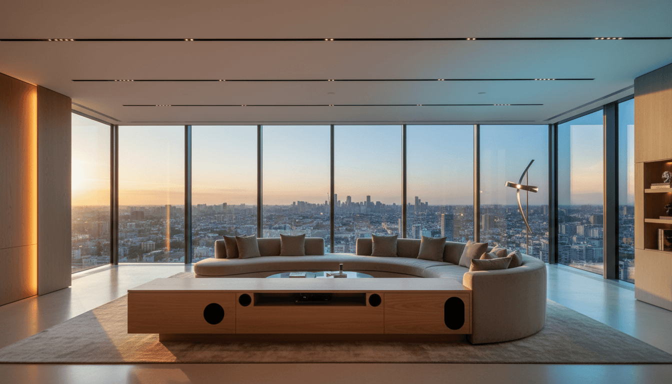 Modern home interior showcasing professional lighting and smart home installations with clean, elegant design