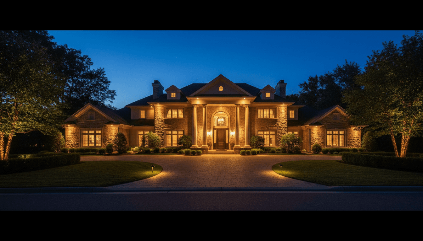 Professional outdoor landscape lighting installed along modern home exterior