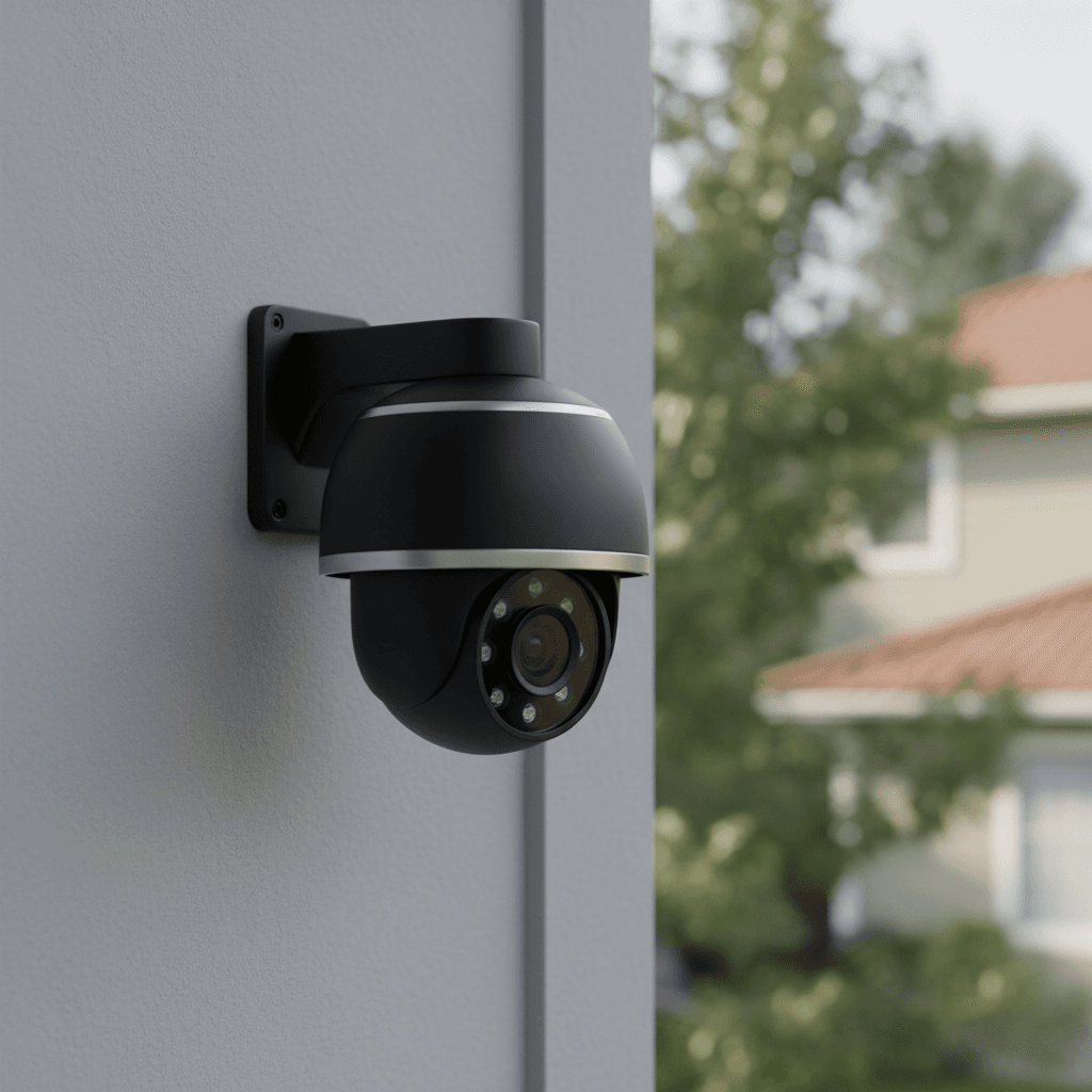 Professional surveillance camera mounted on residential wall, showing lens and infrared LEDs in natural daylight