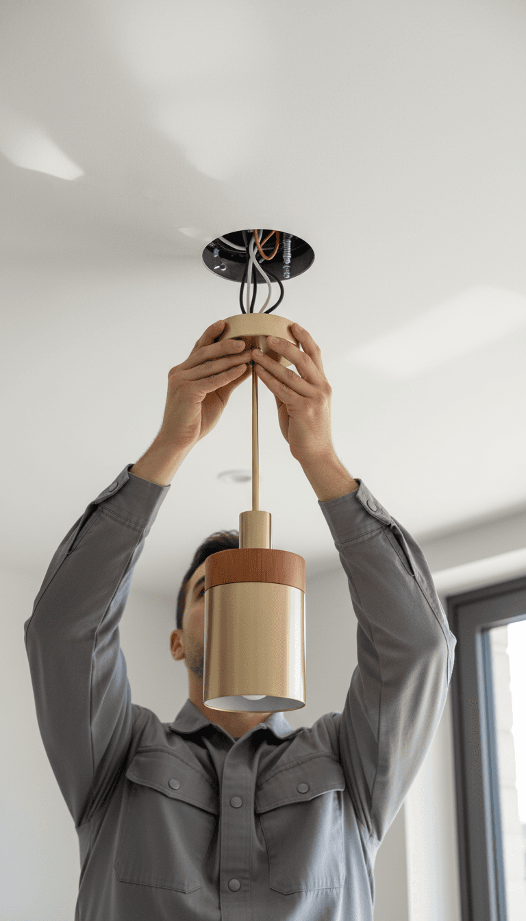 Professional technician installing modern smart lighting system in bright modern home