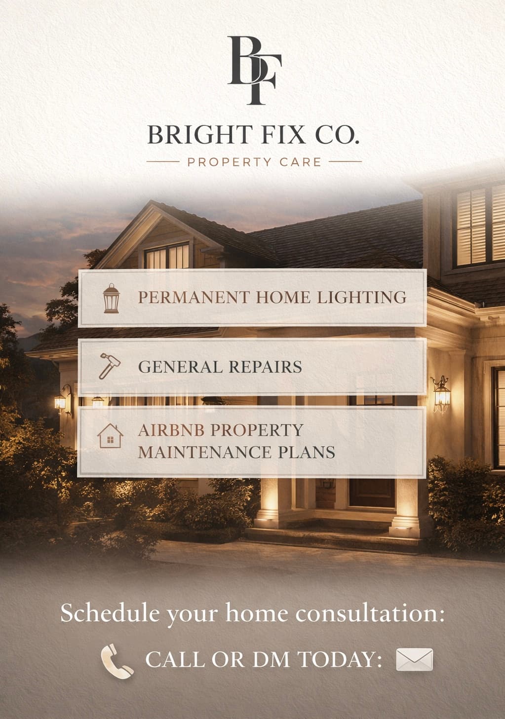 Bright Fix Co. property care services including permanent home lighting, general repairs, and Airbnb maintenance.