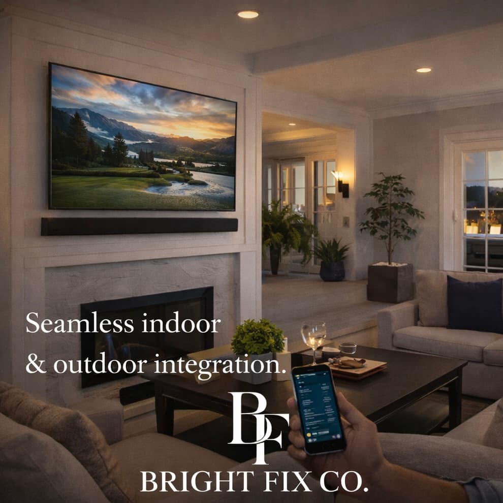 Modern living room with TV above fireplace and hand holding a smartphone for smart home control.