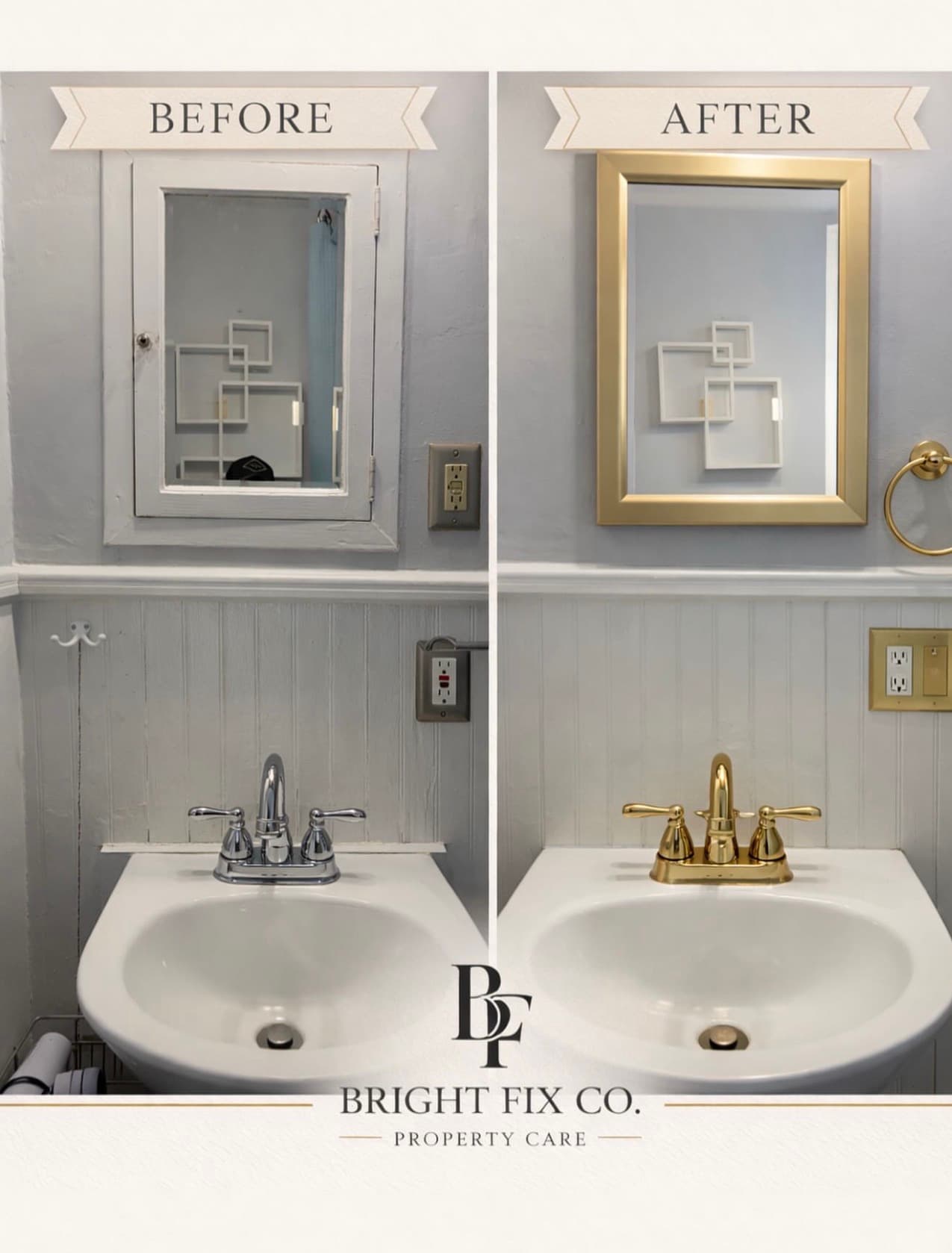 Before and after comparison of a bathroom sink area updated with gold hardware and mirror.